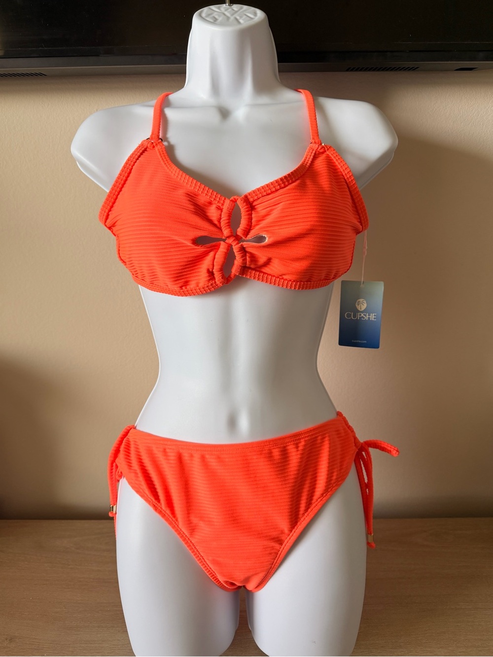 CUPSHE Neon Coral Ribbed Bikini Set Mixed Sizes S Top L Bottom